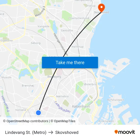 Lindevang St. (Metro) to Skovshoved map