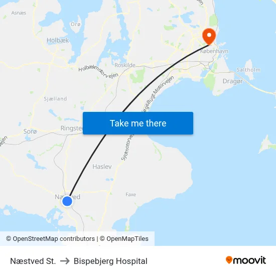 Næstved St. to Bispebjerg Hospital map
