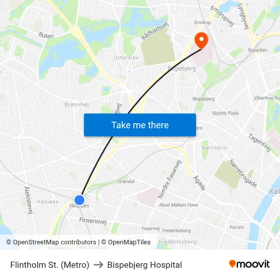 Flintholm St. (Metro) to Bispebjerg Hospital map