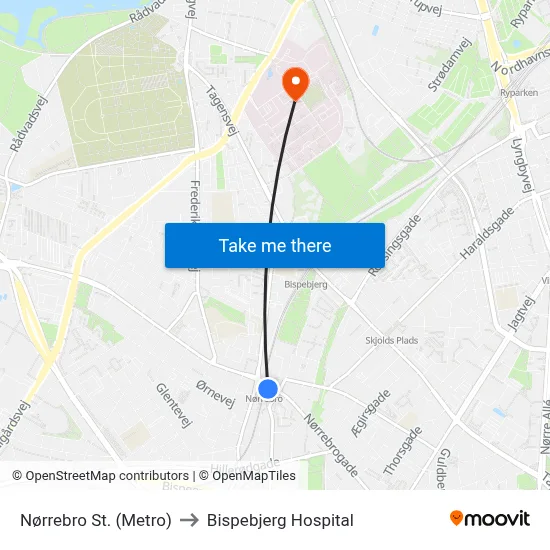 Nørrebro St. (Metro) to Bispebjerg Hospital map