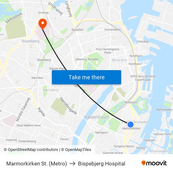 Marmorkirken St. (Metro) to Bispebjerg Hospital map