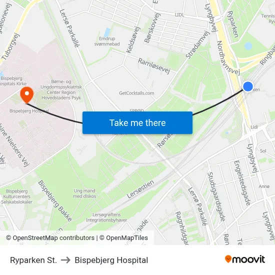 Ryparken St. to Bispebjerg Hospital map