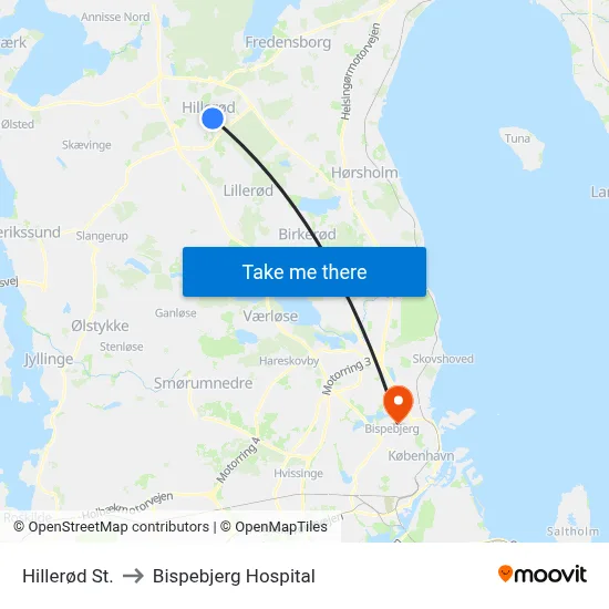 Hillerød St. to Bispebjerg Hospital map