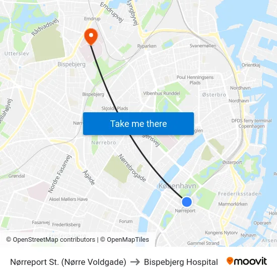 Nørreport St. (Nørre Voldgade) to Bispebjerg Hospital map
