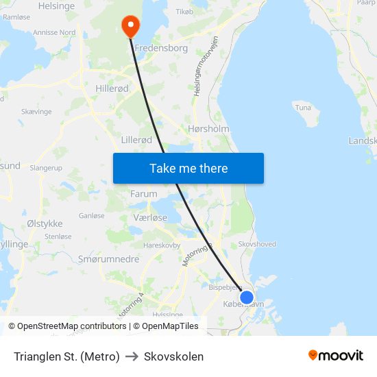 Trianglen St. (Metro) to Skovskolen map