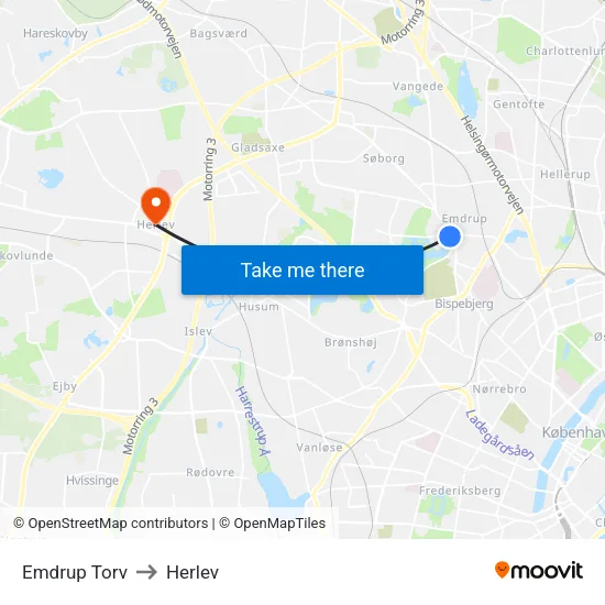 Emdrup Torv to Herlev map