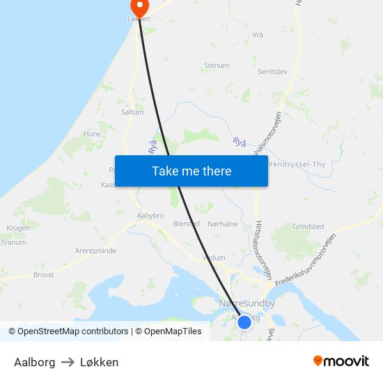 Aalborg to Løkken map