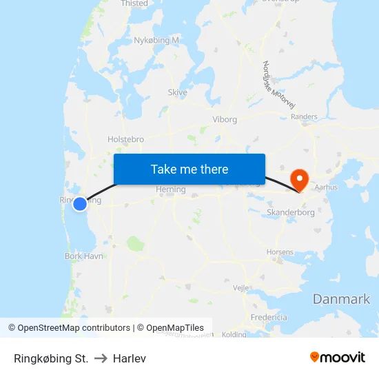 Ringkøbing St. to Harlev map