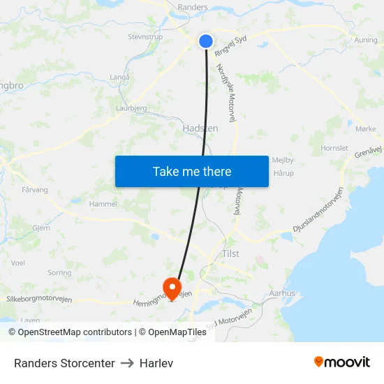 Randers Storcenter to Harlev map