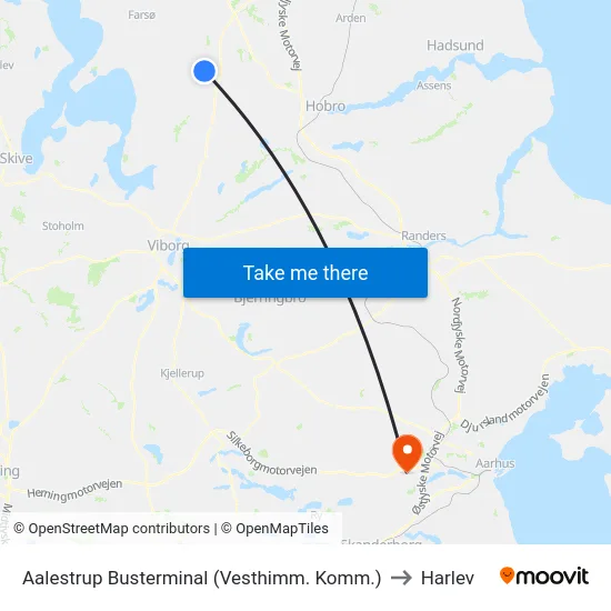 Aalestrup Busterminal (Vesthimm. Komm.) to Harlev map