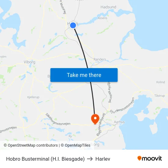 Hobro Busterminal (H.I. Biesgade) to Harlev map