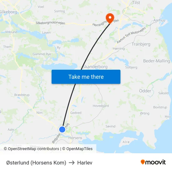 Østerlund (Horsens Kom) to Harlev map
