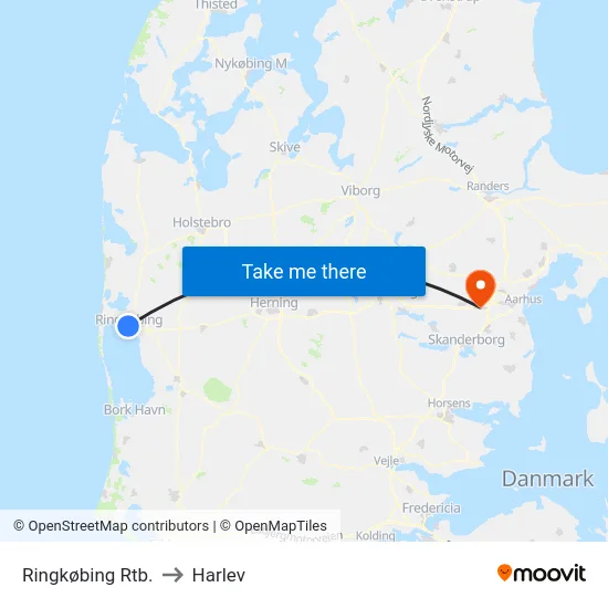 Ringkøbing Rtb. to Harlev map