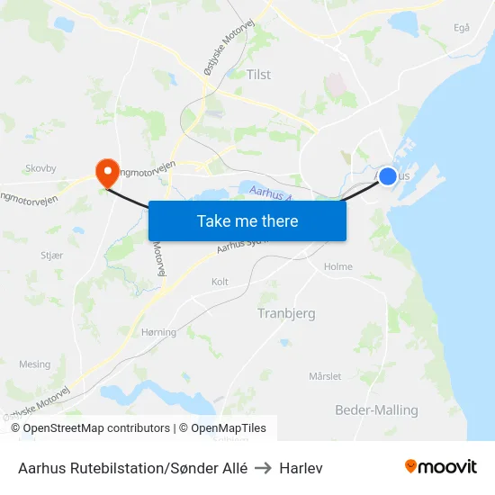 Aarhus Rutebilstation/Sønder Allé to Harlev map