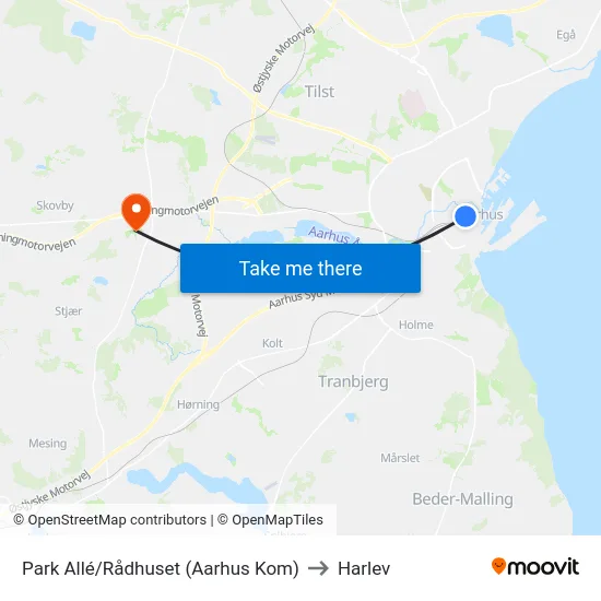 Park Allé/Rådhuset (Aarhus Kom) to Harlev map