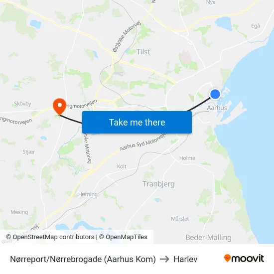 Nørreport/Nørrebrogade (Aarhus Kom) to Harlev map