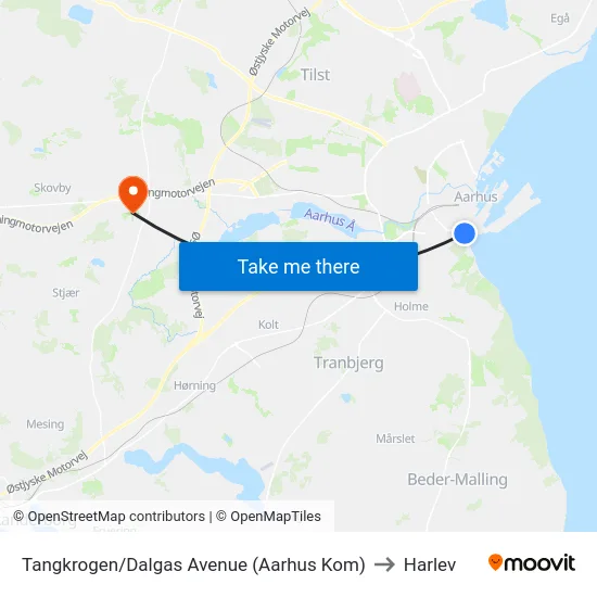 Tangkrogen/Dalgas Avenue (Aarhus Kom) to Harlev map