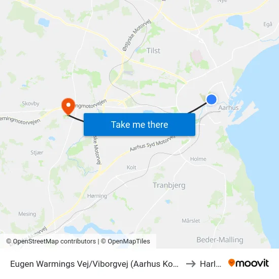 Eugen Warmings Vej/Viborgvej (Aarhus Kom) to Harlev map