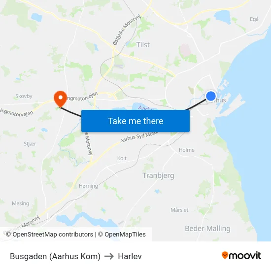Busgaden (Aarhus Kom) to Harlev map