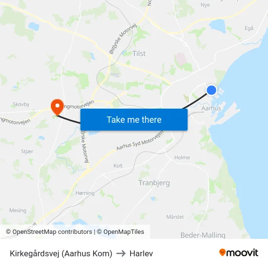 Kirkegårdsvej (Aarhus Kom) to Harlev map