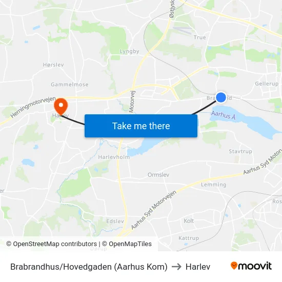 Brabrandhus/Hovedgaden (Aarhus Kom) to Harlev map