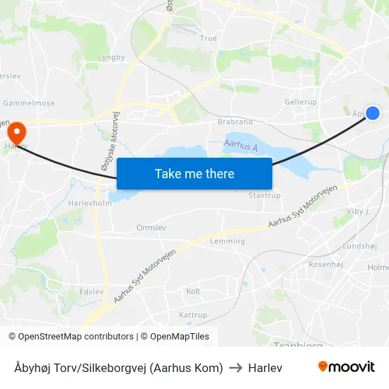 Åbyhøj Torv/Silkeborgvej (Aarhus Kom) to Harlev map