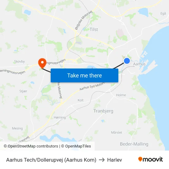 Aarhus Tech/Dollerupvej (Aarhus Kom) to Harlev map