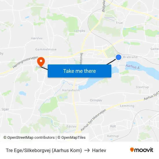 Tre Ege/Silkeborgvej (Aarhus Kom) to Harlev map
