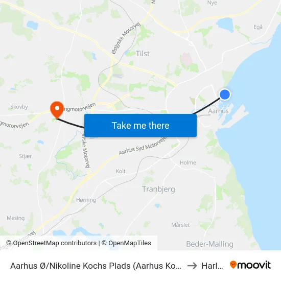 Aarhus Ø/Nikoline Kochs Plads (Aarhus Kom) to Harlev map