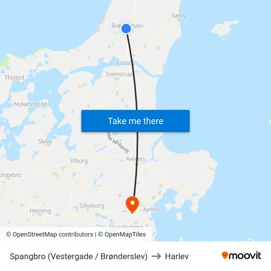 Spangbro (Vestergade / Brønderslev) to Harlev map