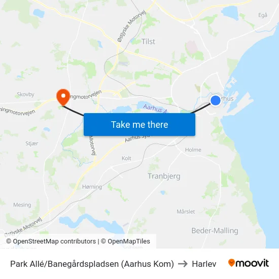 Park Allé/Banegårdspladsen (Aarhus Kom) to Harlev map