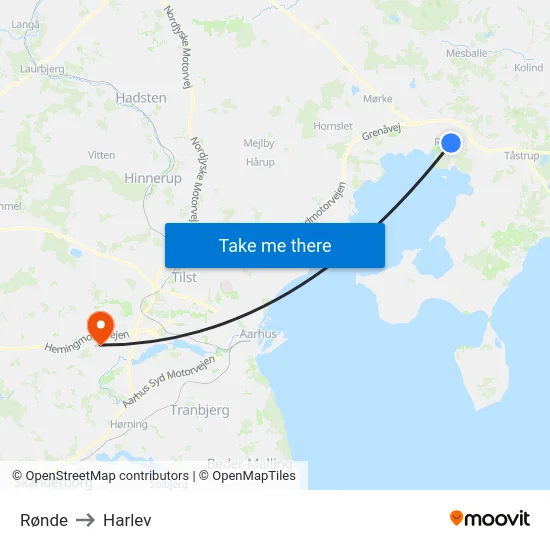 Rønde to Harlev map
