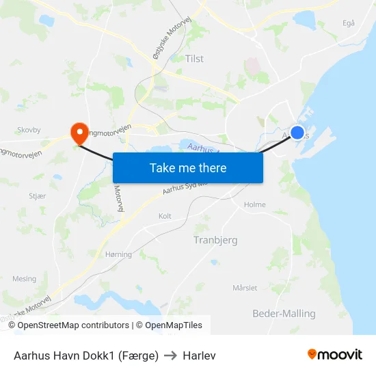 Aarhus Havn Dokk1 (Færge) to Harlev map