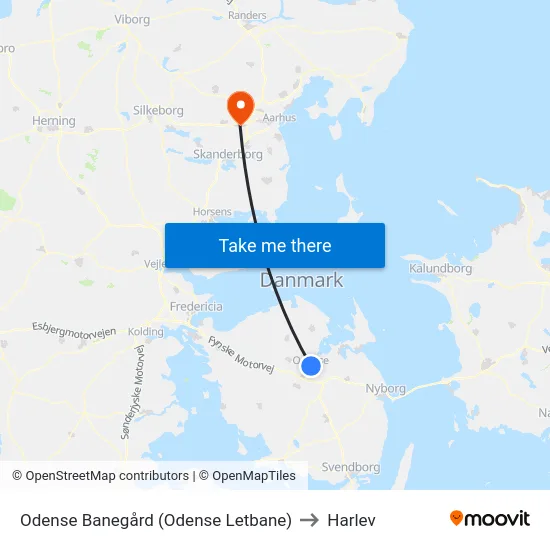 Odense Banegård (Odense Letbane) to Harlev map