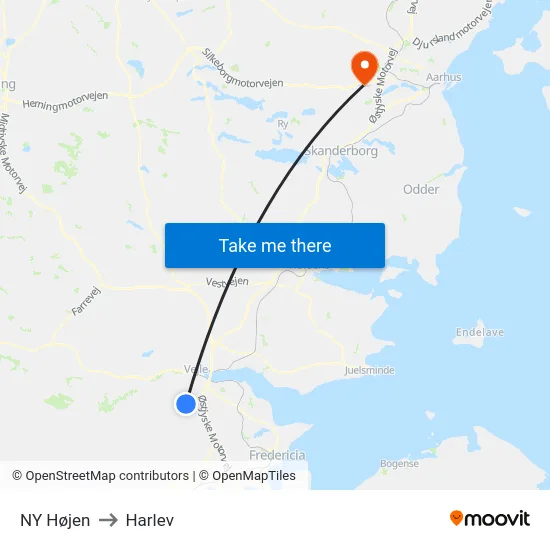 NY Højen to Harlev map