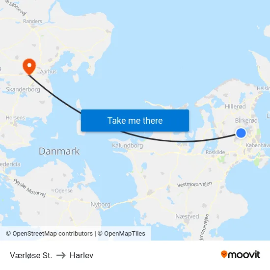 Værløse St. to Harlev map