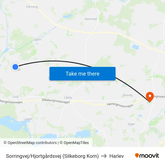 Sorringvej/Hjortgårdsvej (Silkeborg Kom) to Harlev map