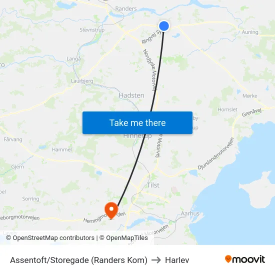 Assentoft/Storegade (Randers Kom) to Harlev map