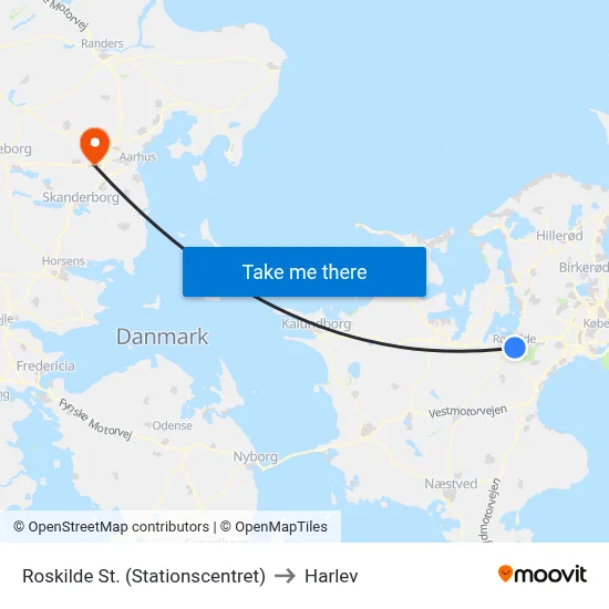Roskilde St. (Stationscentret) to Harlev map