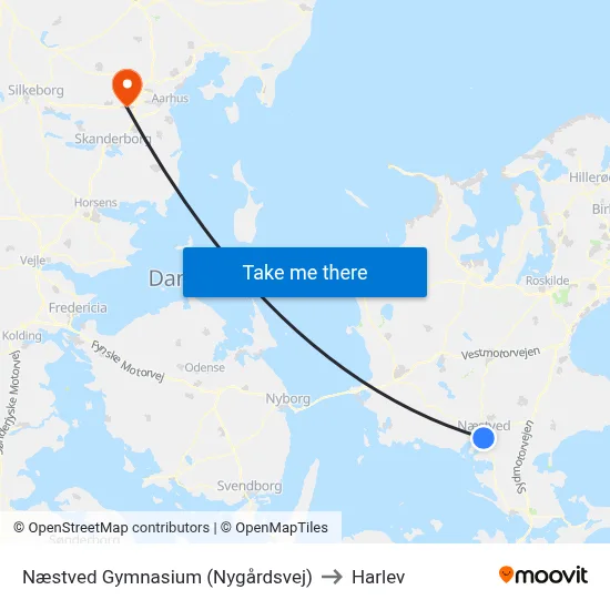 Næstved Gymnasium (Nygårdsvej) to Harlev map