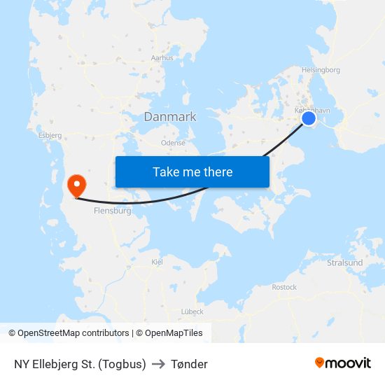 NY Ellebjerg St. (Togbus) to Tønder map