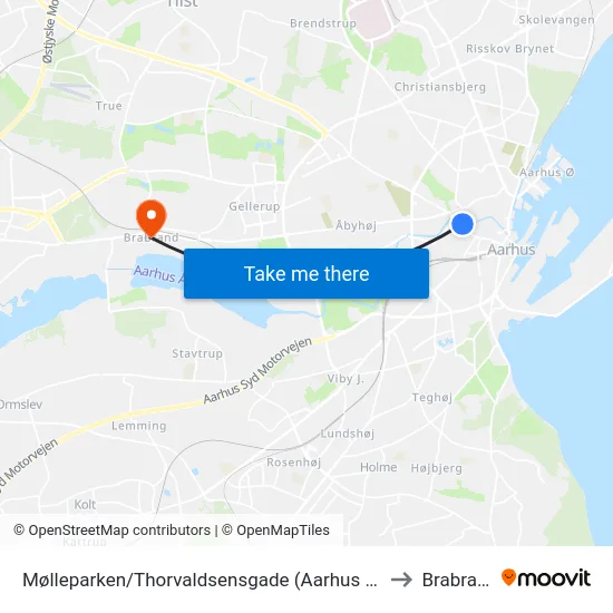 Mølleparken/Thorvaldsensgade (Aarhus Kom) to Brabrand map