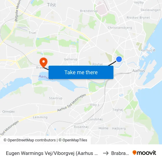 Eugen Warmings Vej/Viborgvej (Aarhus Kom) to Brabrand map