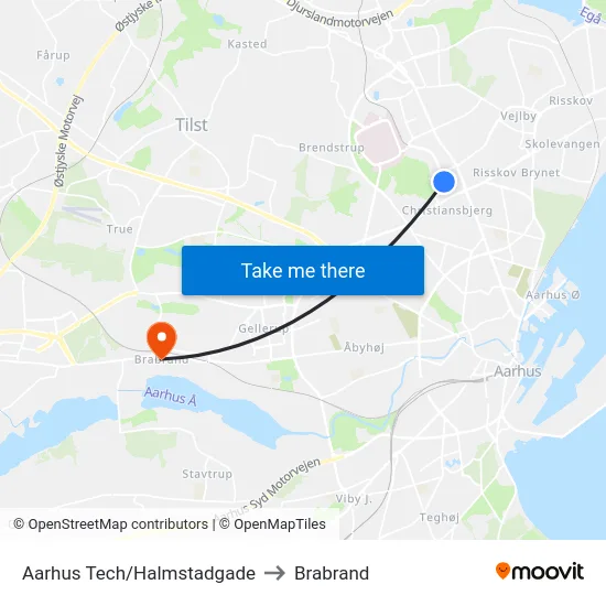 Aarhus Tech/Halmstadgade to Brabrand map