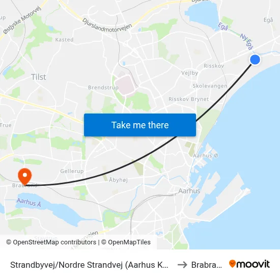 Strandbyvej/Nordre Strandvej (Aarhus Kom) to Brabrand map