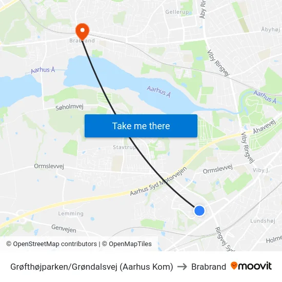 Grøfthøjparken/Grøndalsvej (Aarhus Kom) to Brabrand map