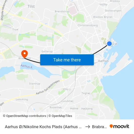 Aarhus Ø/Nikoline Kochs Plads (Aarhus Kom) to Brabrand map