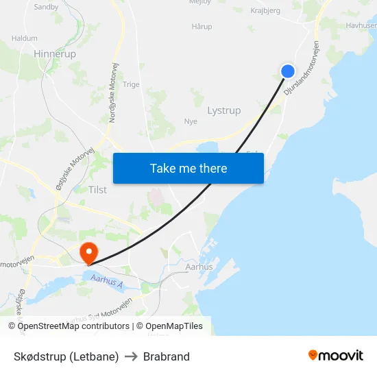 Skødstrup (Letbane) to Brabrand map