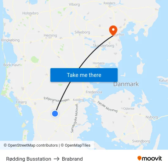 Rødding Busstation to Brabrand map