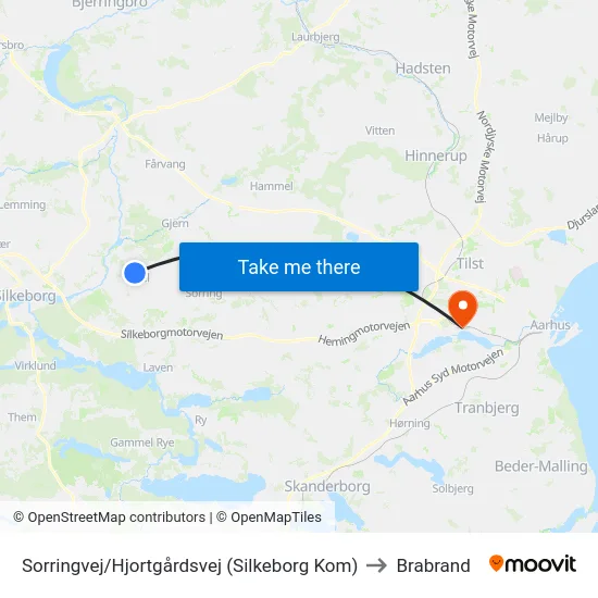 Sorringvej/Hjortgårdsvej (Silkeborg Kom) to Brabrand map